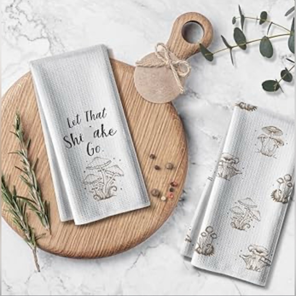 Set/2 Funny Mushroom Dishtowels (1/“Let that Shiitake Go” + 1/Print), White, Tan